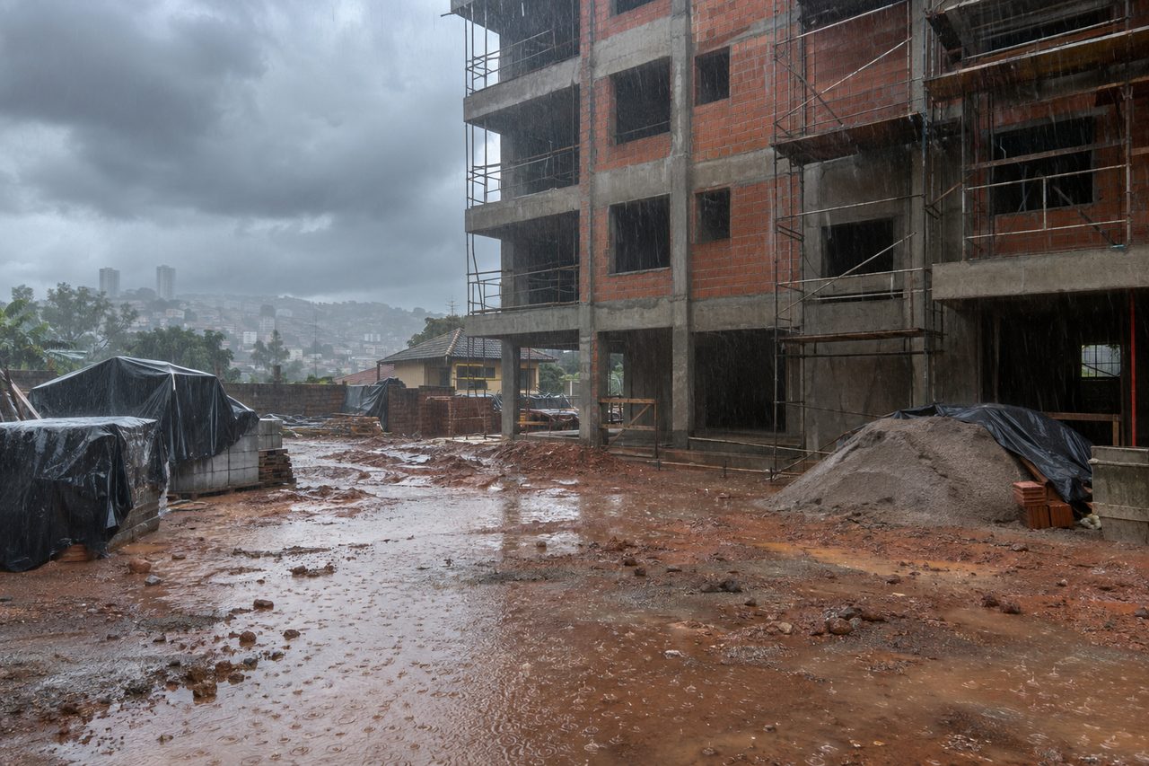 A foto do canteiro sob chuva, no cartão 09.03 do documento