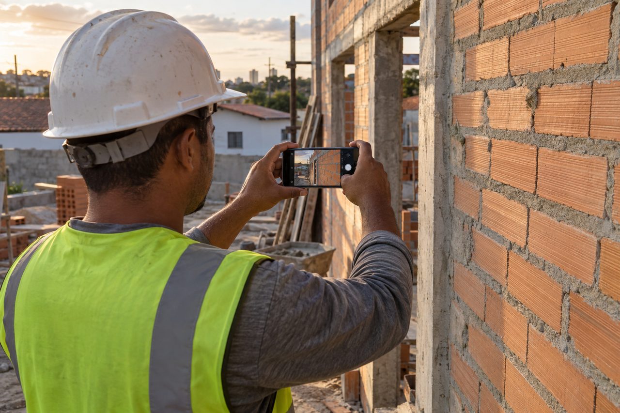 Operário de capacete e colete fotografa a alvenaria com o celular